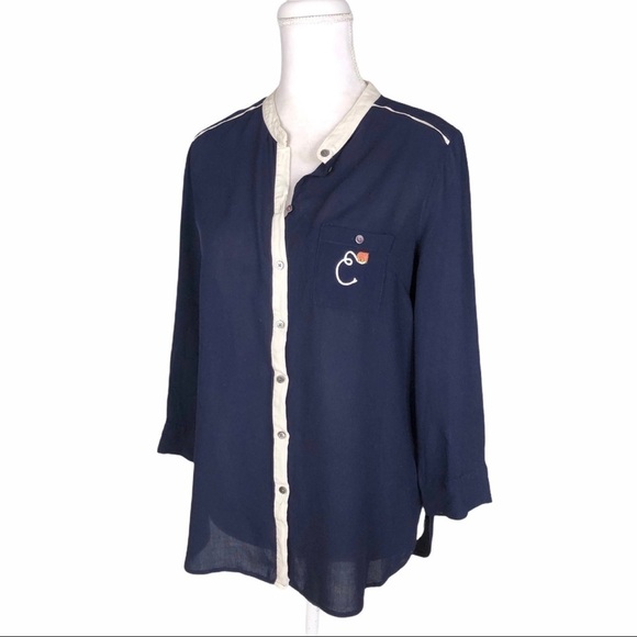 Anthropologie Maeve monogram E elephant blouse top small navy blbue - Picture 2 of 12